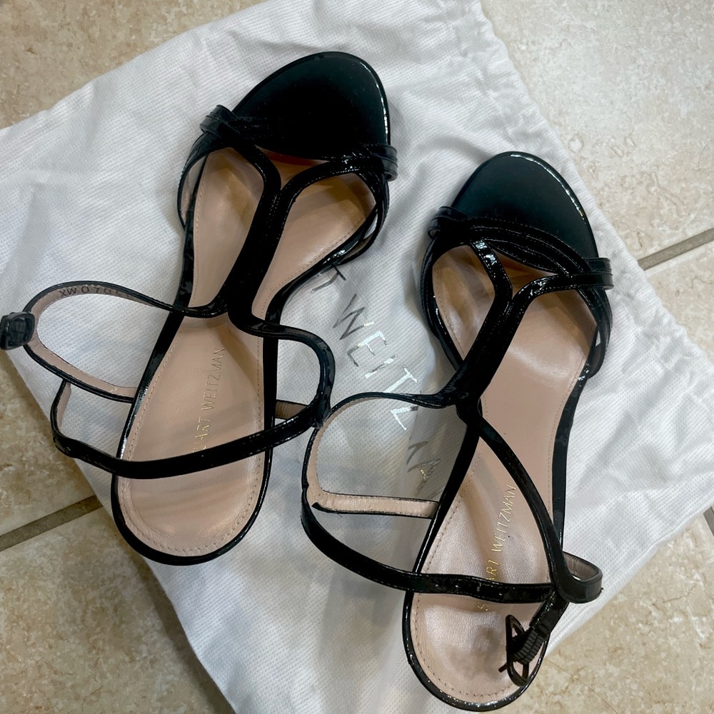 Stuart Weizman “Sunny” Black Patent Sandals